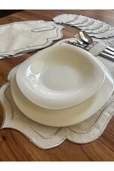 NURHAN HOME COLLECTION Çift Sıra Gümüş Nakışlı 12 Parça Amerikan Servis ve Kahve Yanı Sunum Peçetesi