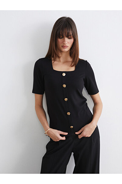 LC Waikiki Black Plus Size Square Neck Blouse