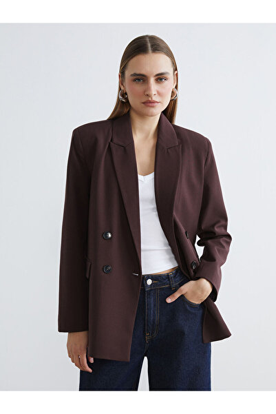 LC Waikiki Burgundy Double-Breasted Collar Women's Blazer Jacket
