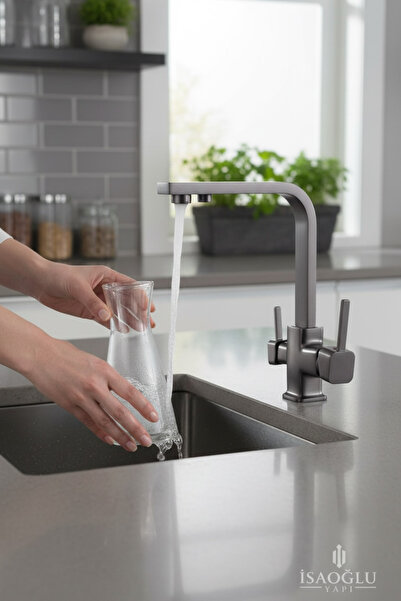 İSAOĞLU YAPI Anthracite Purified Kitchen Faucet Square Modern Design Anthraci...