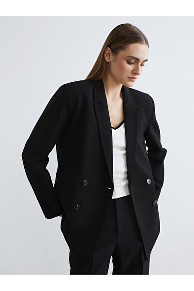LC Waikiki Black Double-Breasted Collar Women's Blazer Jacket