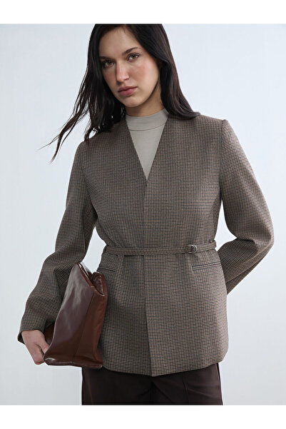 LC Waikiki Brown Belted Plaid Women's Blazer Jacket