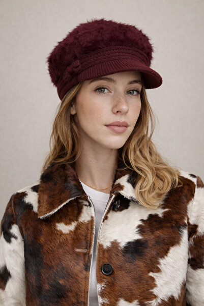Şirin Giyim Aksesuar Kasket Şapka Kadın Peluş Yumuşak Dokulu Bordo - Angora P...