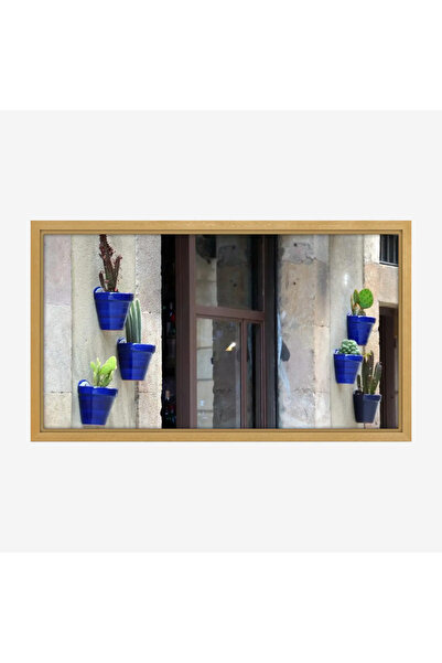 Tajridhome لوحة نباتات - أصص زرقاء - جدار حجري - مريح - لوحات طبيعة - لوحات ك...