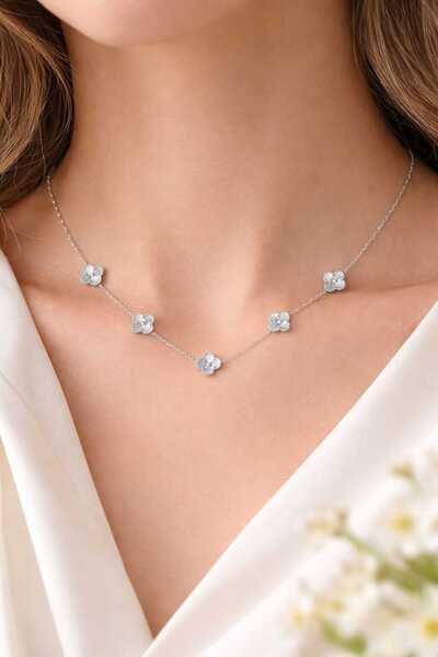 sheenez Yonca Çelik Şans Silver Zincir Kolye (yonca ebat 1cm)