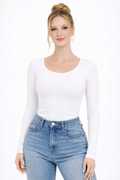 MODARENGİN Beyaz Renk Kadın Uzun Kollu Balerin Yaka Basic Bluz