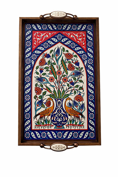 BulutRetail Handmade Kütahya Tile Patterned Wooden Tray 42X27 cm |   Domestic...