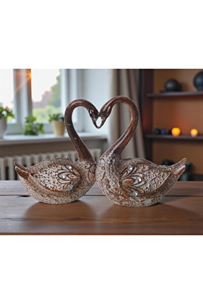 ELSELİFE Lüks Nakış ve Taş İşlemeli Aşık Kuğular Biblo 17 cm Dekoratif Obje E...