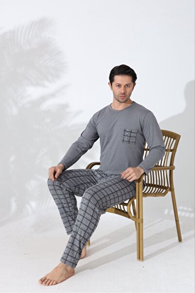 Huq Moda Men's Pajama Set Long Sleeve Top with Pocket Gray Plaid Bottom Cotto...