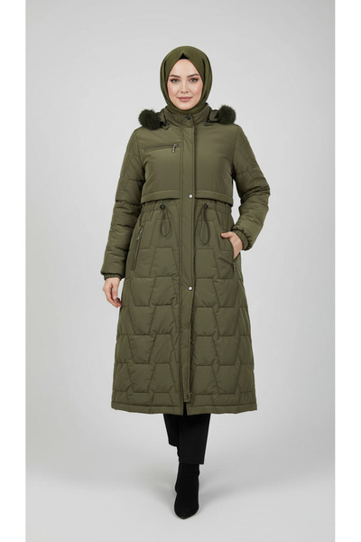 PALMİYE GİYİM Kadın Nova Kumaş Belden Ayarlanabilen Kapüşonlu Mont-Haki
