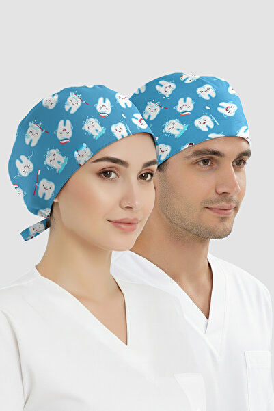 ÇİZGİ MEDİKAL Fırçalı Dişler Desenli Bone (Cotton Likra Kumaş)