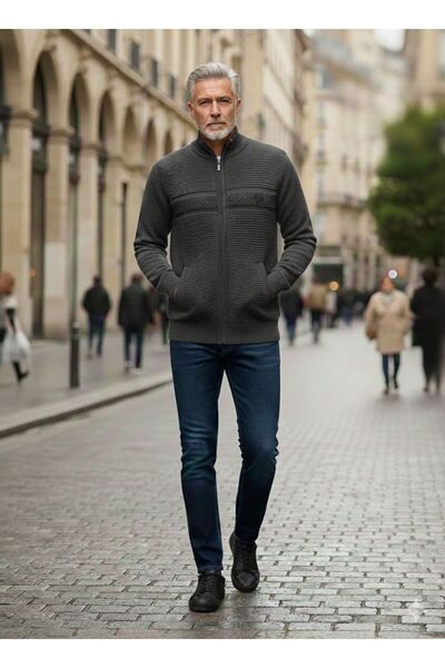 KMKkombin Judge Collar Men's Zip-Up Large Size Double Pocket Dad Cardigan