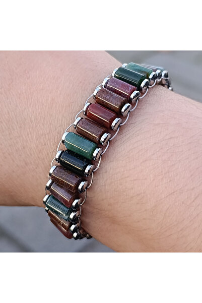 ByKolyeucum Cylinder Cut Indian Agate and Hematite Stone Bracelet