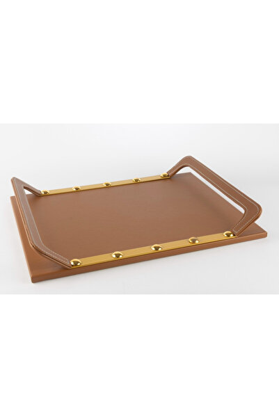 esdekor Coffee Gold with Leather Tray 40X30X5 Decorative Product Decoration