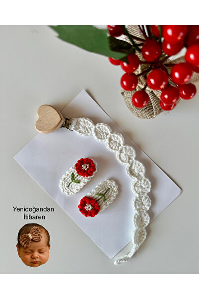 livadesign7 Yenidoğan Saçsız Bebek Tokası ve Emzik Askısı El Emeği Örgü 3'lü Set