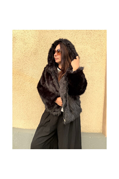 FeteRL Artificial Fur Coat with Hood Black