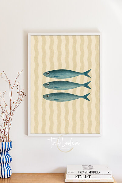 tablodea Poster înrămat cu ilustrație minimalistă cu pești, cu tematică de co...