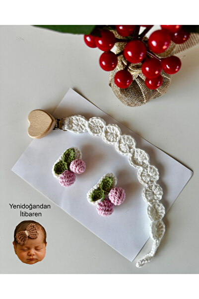 livadesign7 Yenidoğan Saçsız Bebek Tokası ve Emzik Askısı El Emeği Örgü 3'lü Set