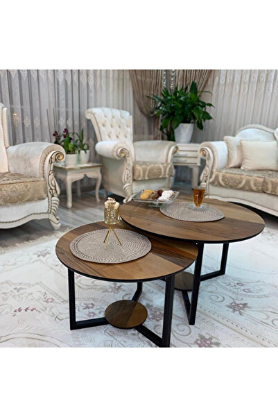 mobias Alya 2’li Yavrulu Orta Sehpa Seti – Metal Ayaklı, Ahşap Tablalı, Moder...