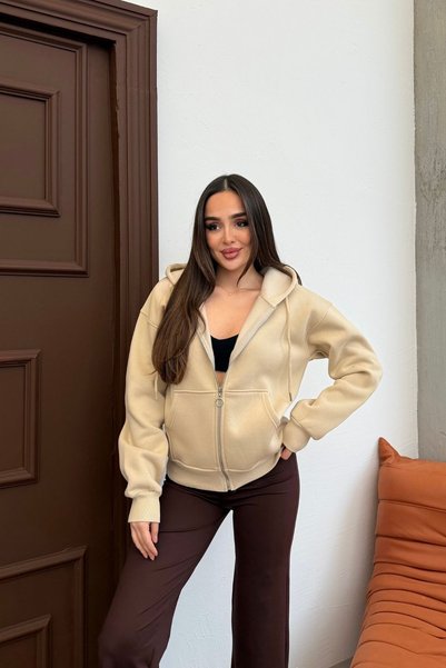 mezqa Femei cu glugă Bej cu șireturi Swea tricou Fermoar 3 fire Ş cu căptușeală din fleece Croială confortabilă