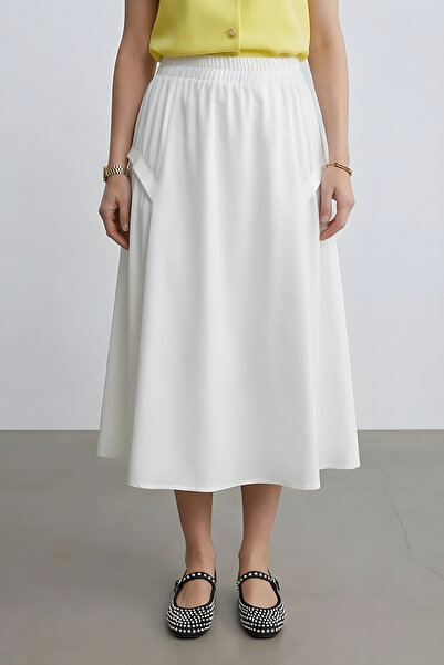 Qaju Women's Elastic Waist Midi Skirt – Ecru