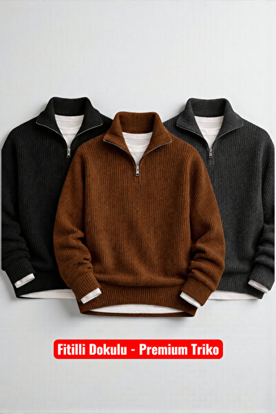 legends butik Set of 3 Men's Corded Fabric Half-Zip Mock Neck Knitwear Sweater