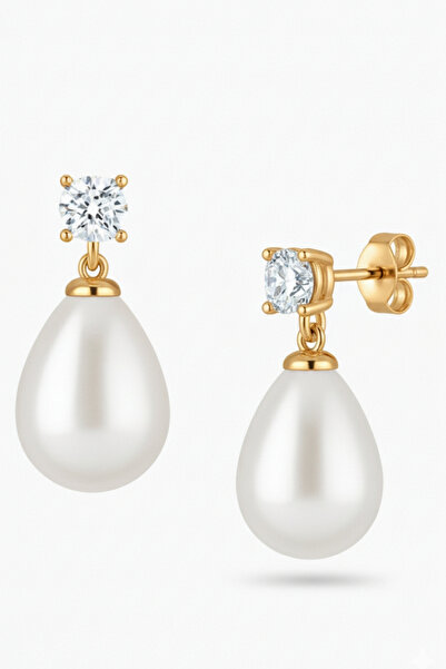 bymissmücevherat 925 Ayar Gümüş Tektaş Detaylı Damla Beyaz İnci Taşlı Kadın K...