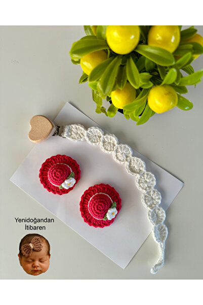 livadesign7 Yenidoğan Saçsız Bebek Tokası ve Emzik Askısı El Emeği Örgü 3'lü Set