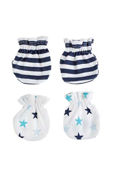 OEM Manusi din Bumbac Albe cu Dungi Albastre Stele Bleu Turcoaz - 2 perechi