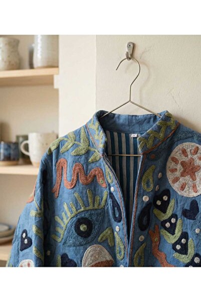 Yoncha Kadın Ceket Nakış Detaylı Dokuma %100 Pamuklu