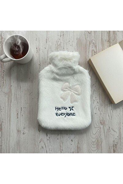 Generic Brand حقيبة ماء ساخن بيضاء من القطيفة مع شريط مكتوب عليه Hello Everyo...