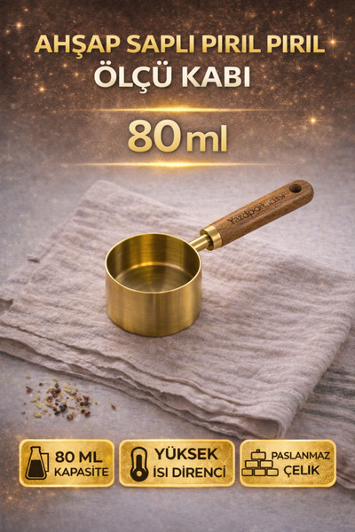 Weisre Ahşap Saplı Gold Ölçü Kabı 80 ml Paslanmaz Çelik Mutfak Ölçü Kabı
