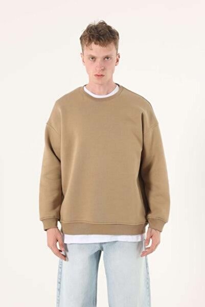 Store سويت شيرت رجالي باللون البيج قصة فضفاضة - 65% قطن، ياقة دائرية، تصميم م...