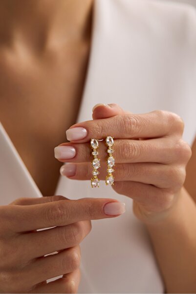 Nereze 925 Ayar Gümüş Gold Kaplama 3'Lü Beyaz Oval Taşlı Sallantılı Küpe