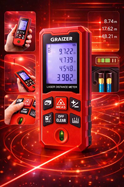 Graizer K 100 Metre Profesyonel Dijital Göstergeli Lazer Mesafe Ölçer Lazer M...