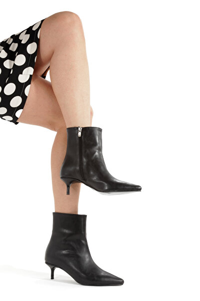 MİNNACE Μαύρα δερμάτινα μποτάκια με φερμουάρ, μυτερή μύτη, λεπτό τακούνι 5 εκ...