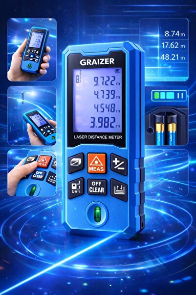 Graizer M 100 Metre Profesyonel Dijital Göstergeli Lazer Mesafe Ölçer Lazer M...