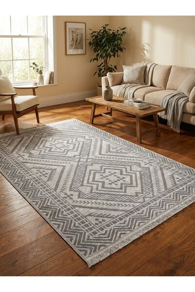 Homz Vintage 1701 Gri Bohem Pamuk Kilim Çift Taraflı | Doğal Dokuma • Antiale...