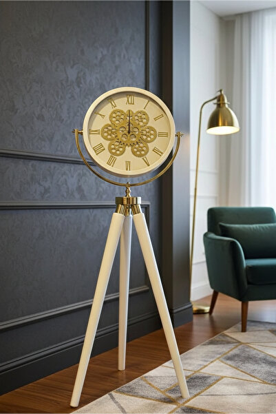 Lareshome Tripod Ahşap Ayaklı Gold Beyaz Çarklı Lüks Dekoratif Saat
