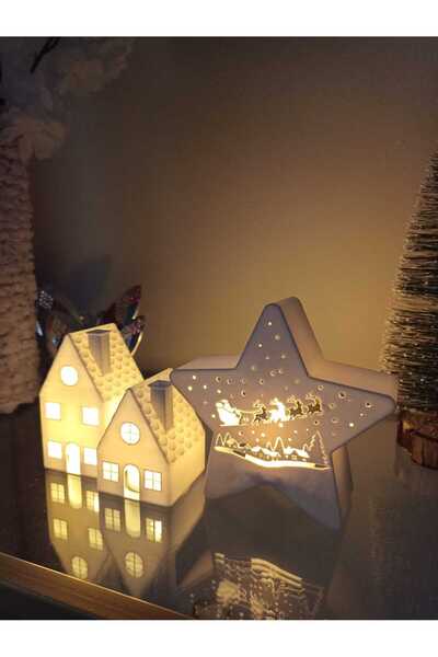 smilechild Yılbaşı Ev Dekorasyon 2 li Ev ve Geyikli Yıldız 3 Adet Led Mum Dah...
