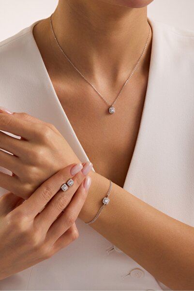 Nereze 925 Ayar Gümüş Rodyum Kaplama Pırlanta Montür Tektaş Kolye,Bileklik ve...