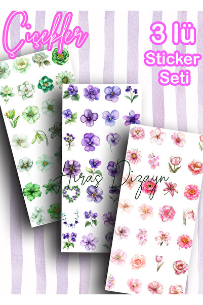 Hiras Dizayn 3lü Renkli Çiçekler Sticker Set Pembe-Mor-Yeşil Dekoratif Etiket...