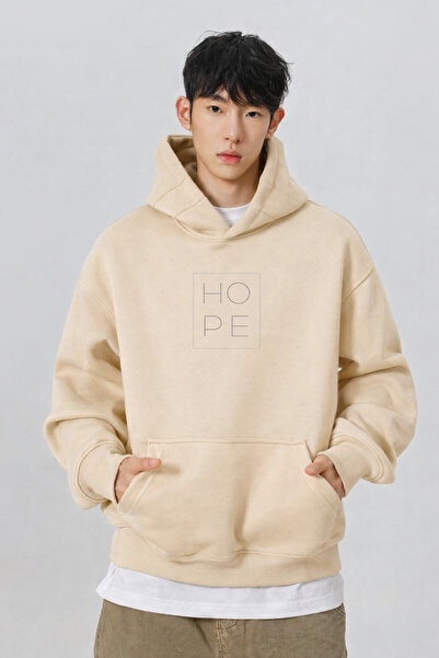 Rivox Unisex Beige Hooded Oversized Sweatshirt Black Hope Printed