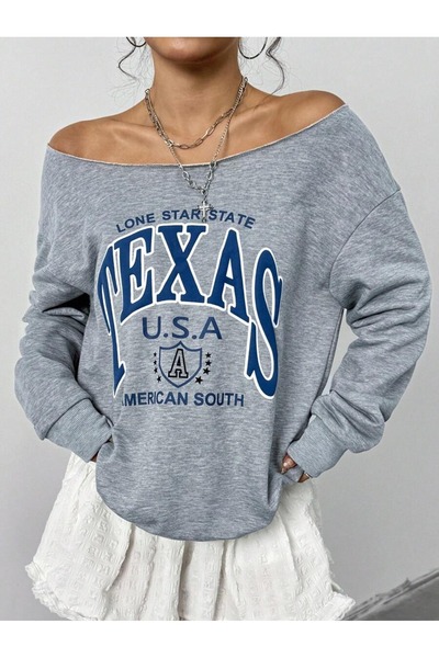 OVER HEAD Hanorac supradimensionat cu gât barcă, imprimat Texas Usa, pentru f...