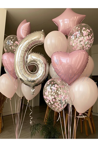 Organizasyon Pazarı Silver Number 6 Birthday Balloon Set Pink Heart Star Conf...