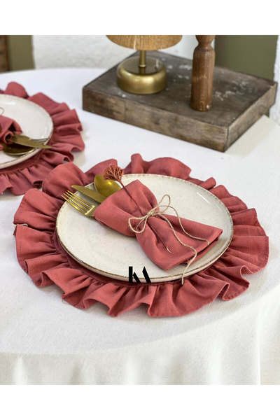 KaiAtelier طقم 6 قطع من الكتان الوردي بتفاصيل كشكشة على الطراز الأمريكي/ صحن ...