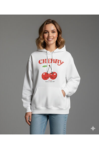 ALİ.COM Hanorac unisex din bumbac, cu imprimeu Cherry-Happy, cu buzunare, sup...