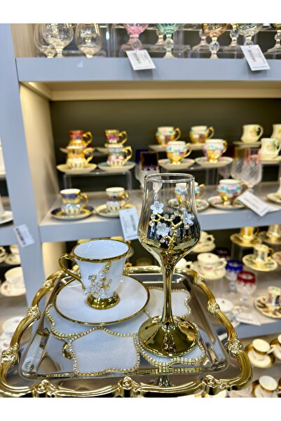 Vakıf home Titanyum Kaplama Gold İncili Ayaklı Kahve Yanı Su Bardağı