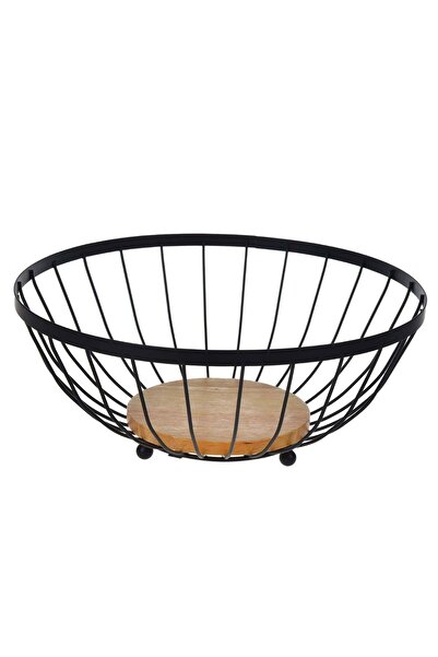 OEM Black Metal Fruit Bowl with Wooden Base Ø28.5x12cm