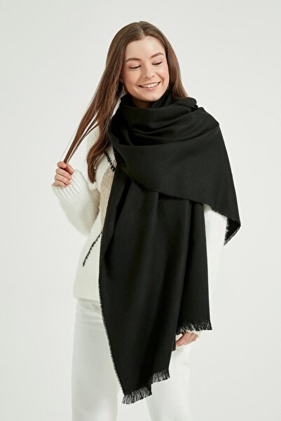 stravis Self-Tasseled Black Thick Shoulder Shawl Scarf